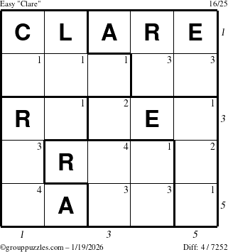 The grouppuzzles.com Easy Clare puzzle for Monday January 19, 2026 with all 4 steps marked