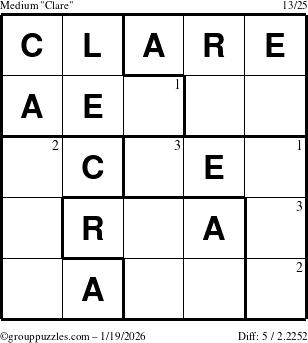 The grouppuzzles.com Medium Clare puzzle for Monday January 19, 2026 with the first 3 steps marked