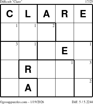 The grouppuzzles.com Difficult Clare puzzle for Monday January 19, 2026 with the first 3 steps marked