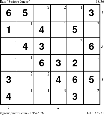 The grouppuzzles.com Easy Sudoku-Junior puzzle for Monday January 19, 2026, suitable for printing, with all 3 steps marked