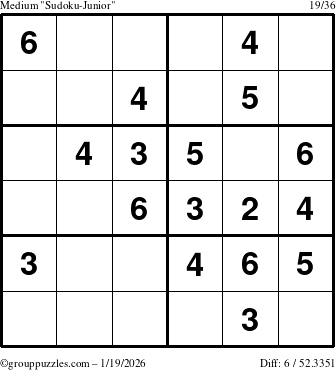 The grouppuzzles.com Medium Sudoku-Junior puzzle for Monday January 19, 2026