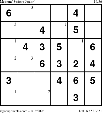 The grouppuzzles.com Medium Sudoku-Junior puzzle for Monday January 19, 2026 with the first 3 steps marked