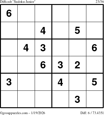 The grouppuzzles.com Difficult Sudoku-Junior puzzle for Monday January 19, 2026
