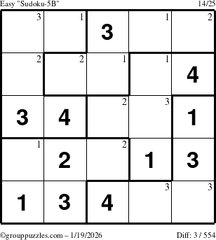 The grouppuzzles.com Easy Sudoku-5B puzzle for Monday January 19, 2026 with the first 3 steps marked