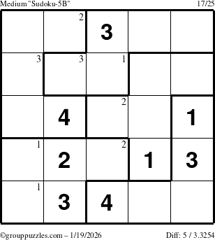 The grouppuzzles.com Medium Sudoku-5B puzzle for Monday January 19, 2026 with the first 3 steps marked