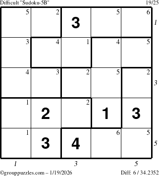 The grouppuzzles.com Difficult Sudoku-5B puzzle for Monday January 19, 2026, suitable for printing, with all 6 steps marked