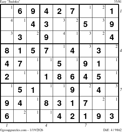 The grouppuzzles.com Easy Sudoku puzzle for Monday January 19, 2026, suitable for printing, with all 4 steps marked