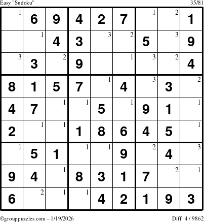 The grouppuzzles.com Easy Sudoku puzzle for Monday January 19, 2026 with the first 3 steps marked