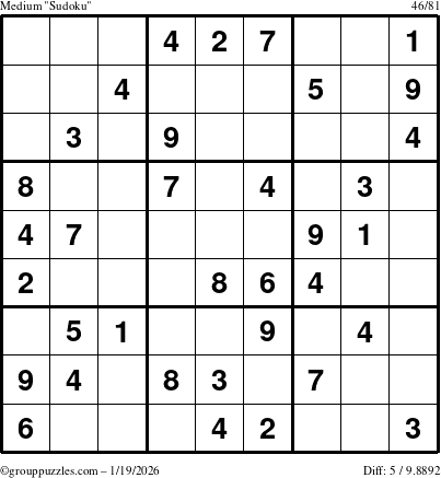 The grouppuzzles.com Medium Sudoku puzzle for Monday January 19, 2026