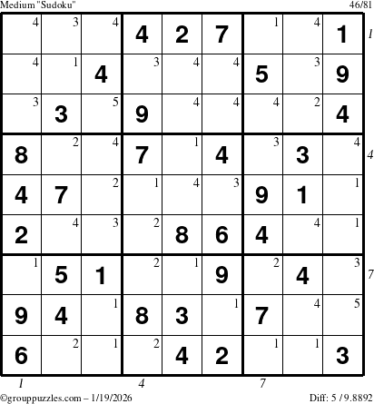 The grouppuzzles.com Medium Sudoku puzzle for Monday January 19, 2026, suitable for printing, with all 5 steps marked