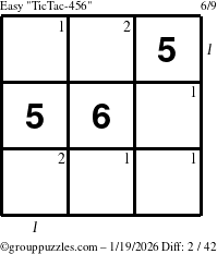The grouppuzzles.com Easy TicTac-456 puzzle for Monday January 19, 2026 with all 2 steps marked