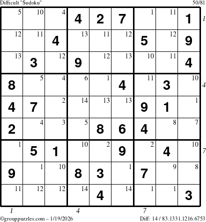 The grouppuzzles.com Difficult Sudoku puzzle for Monday January 19, 2026, suitable for printing, with all 14 steps marked