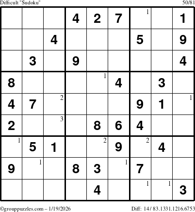 The grouppuzzles.com Difficult Sudoku puzzle for Monday January 19, 2026 with the first 3 steps marked