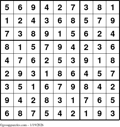 The grouppuzzles.com Answer grid for the Sudoku puzzle for Monday January 19, 2026