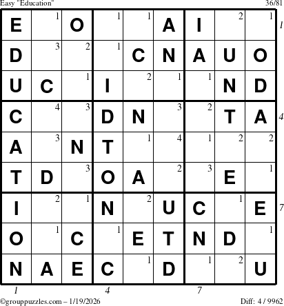 The grouppuzzles.com Easy Education-c1 puzzle for Monday January 19, 2026 with all 4 steps marked