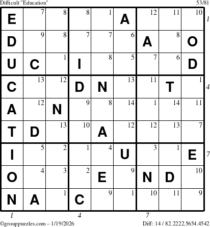 The grouppuzzles.com Difficult Education-c1 puzzle for Monday January 19, 2026 with all 14 steps marked