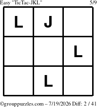 The grouppuzzles.com Easy TicTac-JKL puzzle for Sunday July 19, 2026