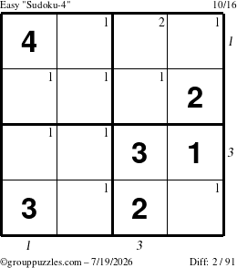 The grouppuzzles.com Easy Sudoku-4 puzzle for Sunday July 19, 2026, suitable for printing, with all 2 steps marked