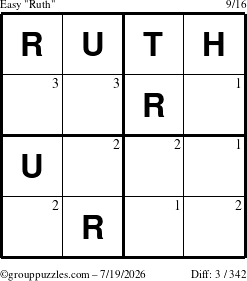 The grouppuzzles.com Easy Ruth puzzle for Sunday July 19, 2026 with the first 3 steps marked