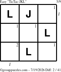 The grouppuzzles.com Easy TicTac-JKL puzzle for Sunday July 19, 2026 with all 2 steps marked