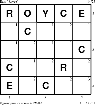 The grouppuzzles.com Easy Royce puzzle for Sunday July 19, 2026 with all 3 steps marked