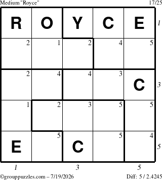 The grouppuzzles.com Medium Royce puzzle for Sunday July 19, 2026, suitable for printing, with all 5 steps marked