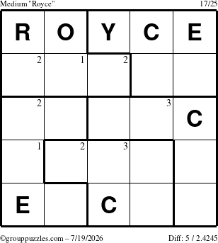 The grouppuzzles.com Medium Royce puzzle for Sunday July 19, 2026 with the first 3 steps marked