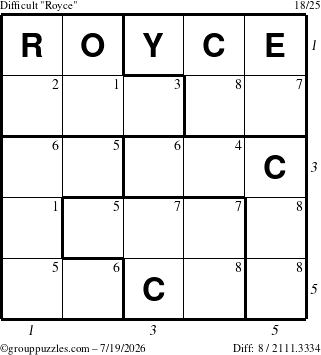 The grouppuzzles.com Difficult Royce puzzle for Sunday July 19, 2026, suitable for printing, with all 8 steps marked