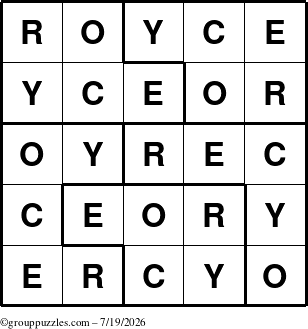 The grouppuzzles.com Answer grid for the Royce puzzle for Sunday July 19, 2026
