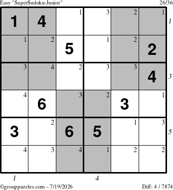 The grouppuzzles.com Easy SuperSudoku-Junior puzzle for Sunday July 19, 2026, suitable for printing, with all 4 steps marked