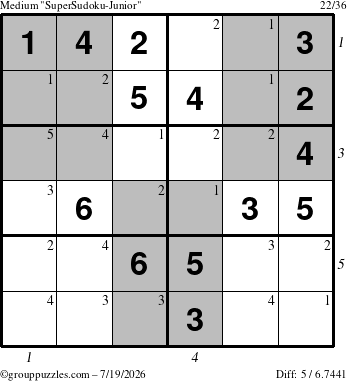 The grouppuzzles.com Medium SuperSudoku-Junior puzzle for Sunday July 19, 2026, suitable for printing, with all 5 steps marked