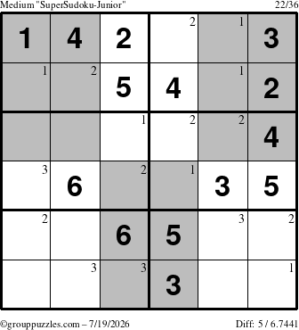 The grouppuzzles.com Medium SuperSudoku-Junior puzzle for Sunday July 19, 2026 with the first 3 steps marked