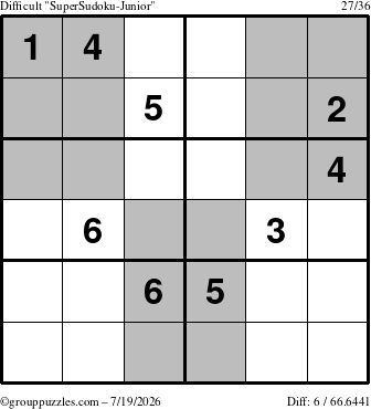 The grouppuzzles.com Difficult SuperSudoku-Junior puzzle for Sunday July 19, 2026