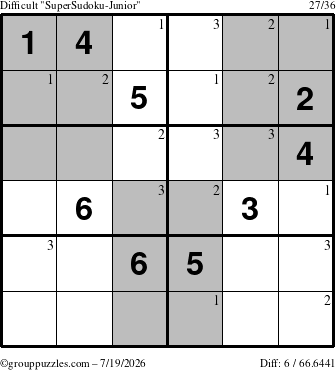 The grouppuzzles.com Difficult SuperSudoku-Junior puzzle for Sunday July 19, 2026 with the first 3 steps marked
