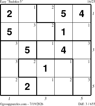 The grouppuzzles.com Easy Sudoku-5 puzzle for Sunday July 19, 2026 with all 3 steps marked