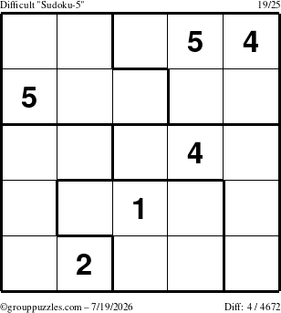 The grouppuzzles.com Difficult Sudoku-5 puzzle for Sunday July 19, 2026
