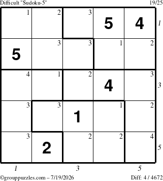 The grouppuzzles.com Difficult Sudoku-5 puzzle for Sunday July 19, 2026, suitable for printing, with all 4 steps marked