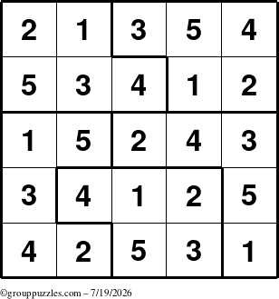 The grouppuzzles.com Answer grid for the Sudoku-5 puzzle for Sunday July 19, 2026