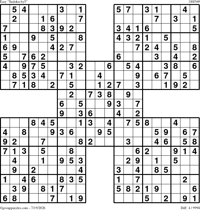 The grouppuzzles.com Easy Sudoku-by5 puzzle for Sunday July 19, 2026