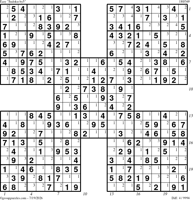 The grouppuzzles.com Easy Sudoku-by5 puzzle for Sunday July 19, 2026, suitable for printing, with all 4 steps marked