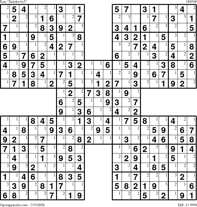 The grouppuzzles.com Easy Sudoku-by5 puzzle for Sunday July 19, 2026 with the first 3 steps marked