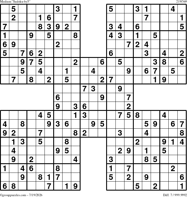 The grouppuzzles.com Medium Sudoku-by5 puzzle for Sunday July 19, 2026