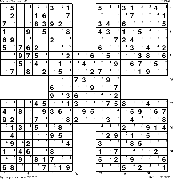 The grouppuzzles.com Medium Sudoku-by5 puzzle for Sunday July 19, 2026, suitable for printing, with all 7 steps marked