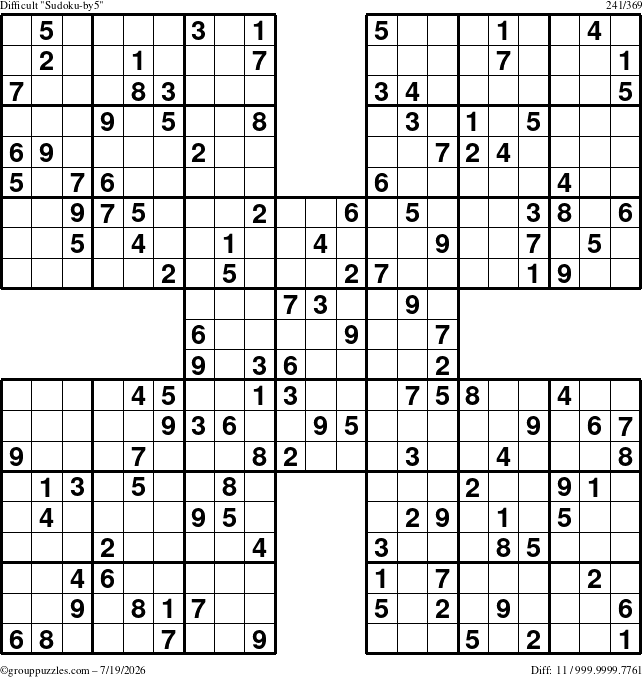 The grouppuzzles.com Difficult Sudoku-by5 puzzle for Sunday July 19, 2026