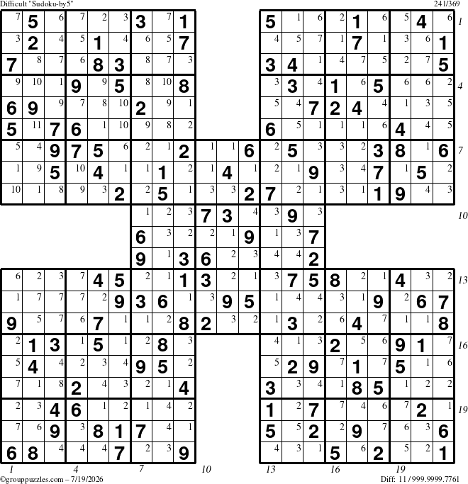 The grouppuzzles.com Difficult Sudoku-by5 puzzle for Sunday July 19, 2026, suitable for printing, with all 11 steps marked