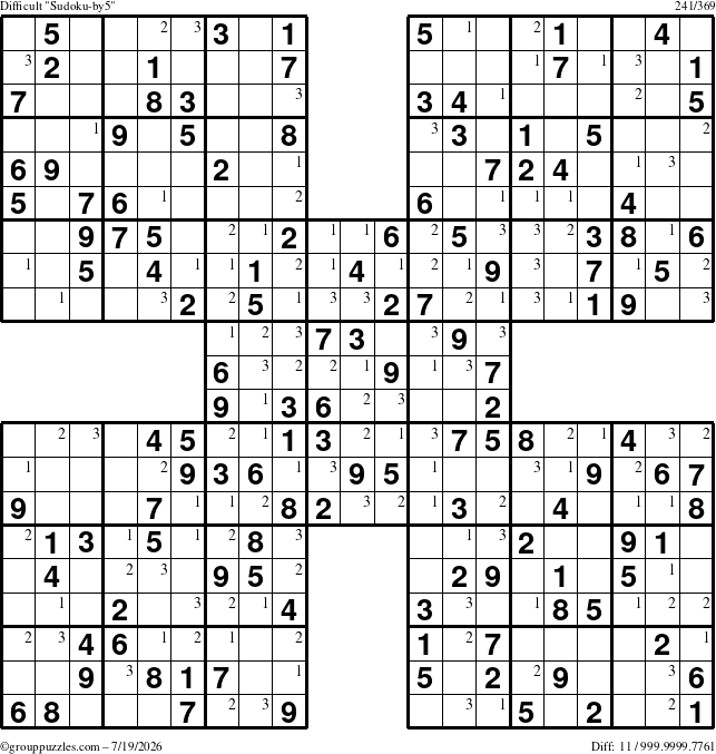 The grouppuzzles.com Difficult Sudoku-by5 puzzle for Sunday July 19, 2026 with the first 3 steps marked