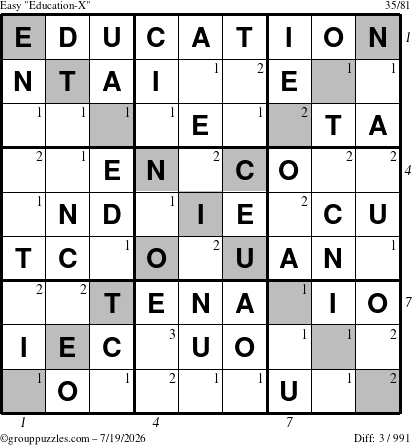 The grouppuzzles.com Easy Education-X puzzle for Sunday July 19, 2026, suitable for printing, with all 3 steps marked