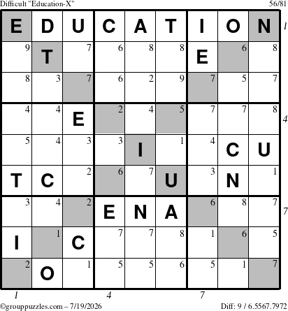 The grouppuzzles.com Difficult Education-X puzzle for Sunday July 19, 2026 with all 9 steps marked