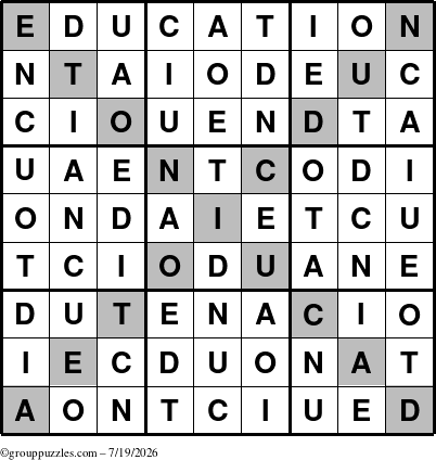 The grouppuzzles.com Answer grid for the Education-X puzzle for Sunday July 19, 2026
