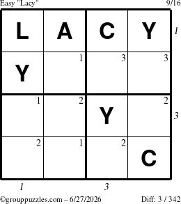The grouppuzzles.com Easy Lacy puzzle for Saturday June 27, 2026, suitable for printing, with all 3 steps marked